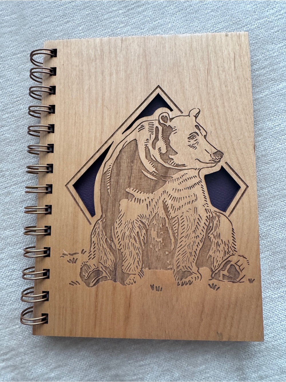 Bear Laser-Etched Wooden Spiral Notebook - Natural Brown